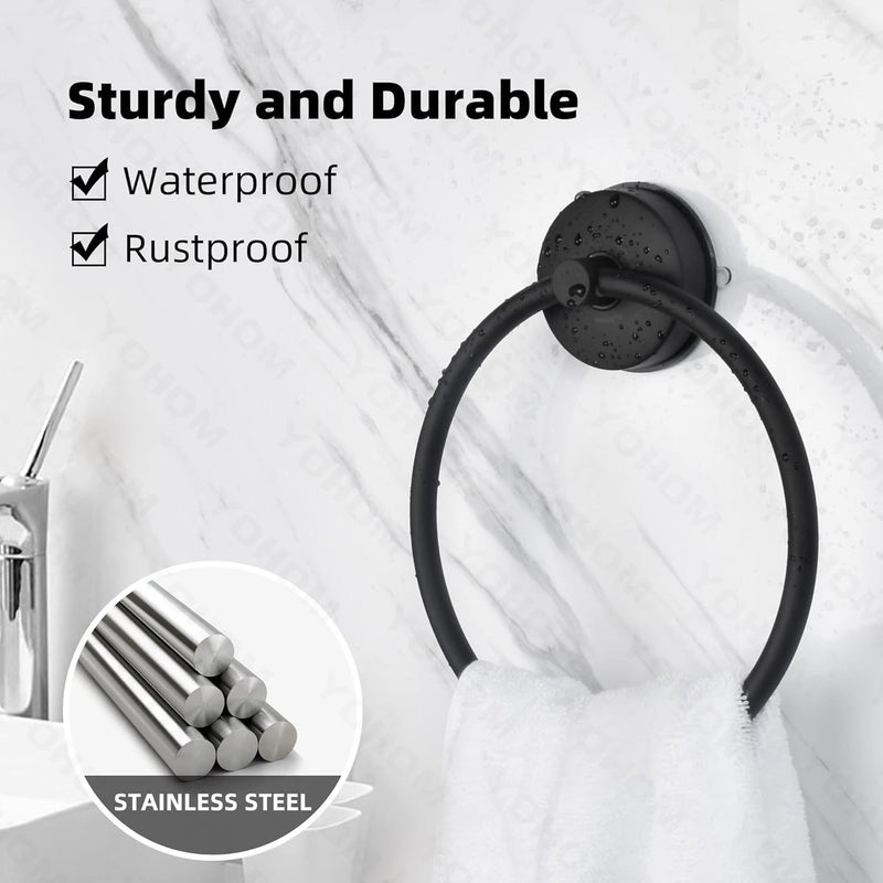 OHOM Suction Cup Towel Ring Matte Black Hand Towel Holder for Bathroom Stainless Steel Vacuum Suction Washcloth Holder Dish Towel Hanger for Shower Wall No Drill, 2 PCS - Image 2